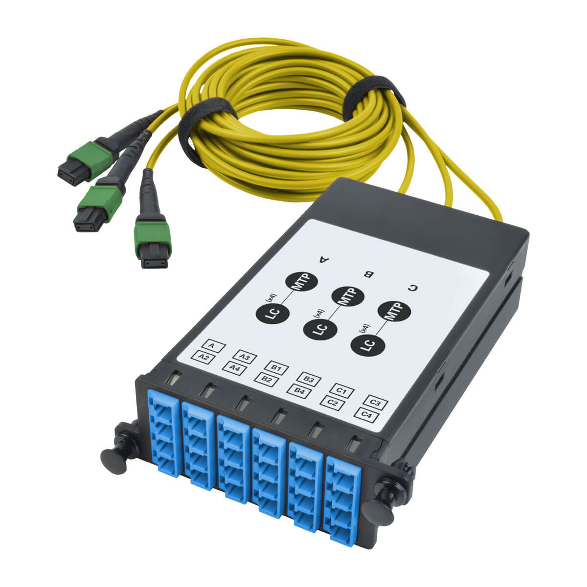 40/100Gb Fiber Breakout Cassette with Built-In MTP Cables, 40Gb to 4 x 10Gb, 100Gb to 4 x 25Gb, (x3) 8-Fiber Singlemode MTP/MPO to (x12) LC Duplex 8.3/125